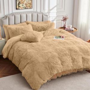 imageSasttie Fluffy Duvet Cover Queen Size Shaggy Queen Duvet Cover Fuzzy Faux Fur and Velvet Duvet Cover Set with Zipper Closure and Corner Ties  1 Duvet Cover and 2 Pillowcases Camel