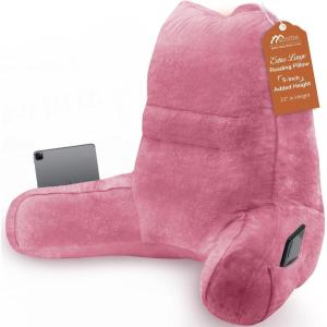 imageSasttie Reading Pillow for Bed  23 Inch Back Pillow for Bed Sitting Up BackRest Support Cushion with Side Pockets and Arms Dorm Essentials OekoTex Certified Light PinkRose Pink