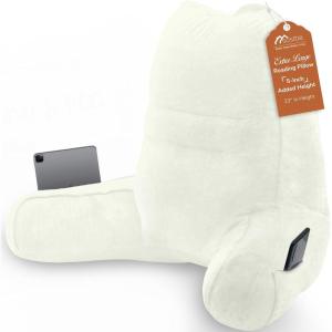 imageSasttie Reading Pillow for Bed  23 Inch Back Pillow for Bed Sitting Up BackRest Support Cushion with Side Pockets and Arms Dorm Essentials OekoTex Certified Light PinkCream