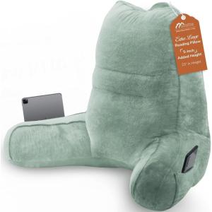 imageSasttie Reading Pillow for Bed  23 Inch Back Pillow for Bed Sitting Up BackRest Support Cushion with Side Pockets and Arms Dorm Essentials OekoTex Certified Light PinkGreen