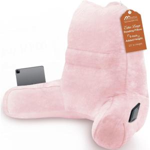 imageSasttie Reading Pillow for Bed  23 Inch Back Pillow for Bed Sitting Up BackRest Support Cushion with Side Pockets and Arms Dorm Essentials OekoTex Certified Light PinkLight Pink