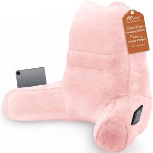 imageSasttie Reading Pillow for Bed  23 Inch Back Pillow for Bed Sitting Up BackRest Support Cushion with Side Pockets and Arms Dorm Essentials OekoTex Certified Light PinkPale Pink