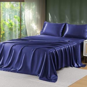 imageSasttie Satin Sheets Queen Size  4 Pieces Luxury Soft Pink Silky Bed Sheets Set with Pillowcases  Smooth SilkLike Satin Fabric Reinforced 14 Inches Pocket OekoTex CertifiedNavy