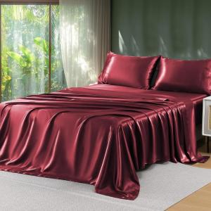 imageSasttie Satin Sheets Queen Size  4 Pieces Luxury Soft Pink Silky Bed Sheets Set with Pillowcases  Smooth SilkLike Satin Fabric Reinforced 14 Inches Pocket OekoTex CertifiedWine