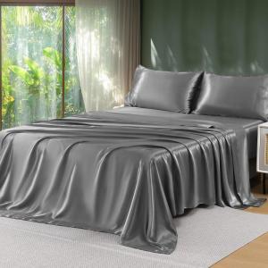imageSasttie Satin Sheets Queen Size  4 Pieces Luxury Soft Pink Silky Bed Sheets Set with Pillowcases  Smooth SilkLike Satin Fabric Reinforced 14 Inches Pocket OekoTex CertifiedDark Grey