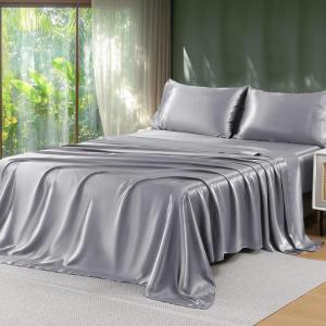 imageSasttie Satin Sheets Queen Size  4 Pieces Luxury Soft Pink Silky Bed Sheets Set with Pillowcases  Smooth SilkLike Satin Fabric Reinforced 14 Inches Pocket OekoTex CertifiedLight Grey