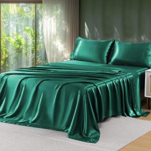 imageSasttie Satin Sheets Queen Size  4 Pieces Luxury Soft Pink Silky Bed Sheets Set with Pillowcases  Smooth SilkLike Satin Fabric Reinforced 14 Inches Pocket OekoTex CertifiedEmerald Green