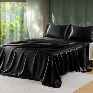 imageSasttie Satin Sheets Queen Size  4 Pieces Luxury Soft Pink Silky Bed Sheets Set with Pillowcases  Smooth SilkLike Satin Fabric Reinforced 14 Inches Pocket OekoTex CertifiedBlack