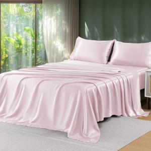 imageSasttie Satin Sheets Queen Size  4 Pieces Luxury Soft Pink Silky Bed Sheets Set with Pillowcases  Smooth SilkLike Satin Fabric Reinforced 14 Inches Pocket OekoTex CertifiedPink