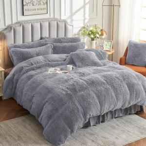 imageSasttie Fluffy Duvet Cover Queen Size Shaggy Queen Duvet Cover Fuzzy Faux Fur and Velvet Duvet Cover Set with Zipper Closure and Corner Ties  1 Duvet Cover and 2 Pillowcases PinkLight Grey