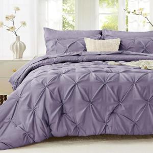 imageSasttie Queen Comforter Set 7Piece Bed in a Bag Pintuck Bedding Sets for All Season Includes Comforter Flat Sheet Fitted Sheet Pillowcases and Pillowshams Purple