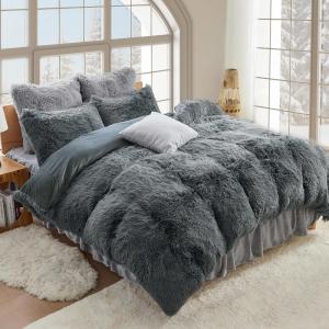 imageSasttie 3Piece Fluffy Duvet Cover Queen Ultra Soft Faux Fur and Velvet Beige Comforter Cover Luxury Fuzzy Bedding Sets for Winter Bed Includes 1 Duvet Cover and 2 Pillowcases No ComforterGrey