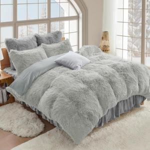 imageSasttie 3Piece Fluffy Duvet Cover Queen Ultra Soft Faux Fur and Velvet Beige Comforter Cover Luxury Fuzzy Bedding Sets for Winter Bed Includes 1 Duvet Cover and 2 Pillowcases No ComforterLight Grey