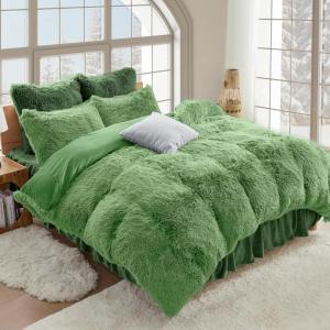 imageSasttie 3Piece Fluffy Duvet Cover Queen Ultra Soft Faux Fur and Velvet Beige Comforter Cover Luxury Fuzzy Bedding Sets for Winter Bed Includes 1 Duvet Cover and 2 Pillowcases No ComforterDusty Green