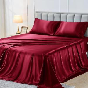 imageSasttie Satin Sheets King 4Piece Red Satin Sheets Set Smooth and UltraSoft Silky King Size Bed Set with 2 Pillowcases RedRed