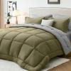 imageSasttie California King Comforter Set 7 Pieces Cal King Bed in a Bag Complete Bedding Set Includes Grey Comforter Flat Sheet Fitted Sheet Pillowcases and Pillow Shams Dark GreyOlive  Light Grey