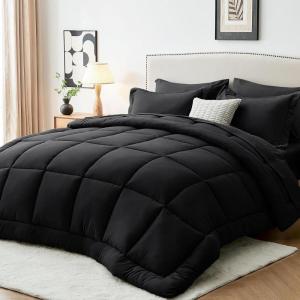 imageSasttie California King Comforter Set 7 Pieces Cal King Bed in a Bag Complete Bedding Set Includes Grey Comforter Flat Sheet Fitted Sheet Pillowcases and Pillow Shams Dark GreyBlack