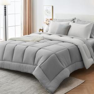 imageSasttie California King Comforter Set 7 Pieces Cal King Bed in a Bag Complete Bedding Set Includes Grey Comforter Flat Sheet Fitted Sheet Pillowcases and Pillow Shams Dark GreyIvory  Light Grey