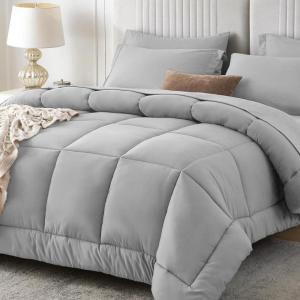 imageSasttie California King Comforter Set 7 Pieces Cal King Bed in a Bag Complete Bedding Set Includes Grey Comforter Flat Sheet Fitted Sheet Pillowcases and Pillow Shams Dark GreyLight Grey