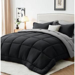 imageSasttie California King Comforter Set 7 Pieces Cal King Bed in a Bag Complete Bedding Set Includes Grey Comforter Flat Sheet Fitted Sheet Pillowcases and Pillow Shams Dark GreyBlack  Light Grey