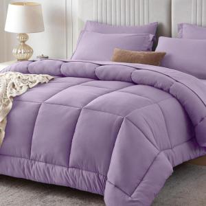 imageSasttie California King Comforter Set 7 Pieces Cal King Bed in a Bag Complete Bedding Set Includes Grey Comforter Flat Sheet Fitted Sheet Pillowcases and Pillow Shams Dark GreyViolet