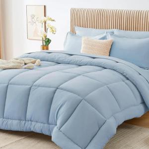 imageSasttie California King Comforter Set 7 Pieces Cal King Bed in a Bag Complete Bedding Set Includes Grey Comforter Flat Sheet Fitted Sheet Pillowcases and Pillow Shams Dark GreyGreyish Blue