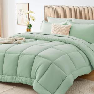 imageSasttie California King Comforter Set 7 Pieces Cal King Bed in a Bag Complete Bedding Set Includes Grey Comforter Flat Sheet Fitted Sheet Pillowcases and Pillow Shams Dark GreySage