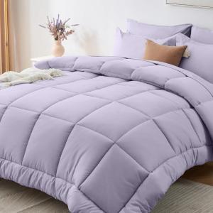 imageSasttie California King Comforter Set 7 Pieces Cal King Bed in a Bag Complete Bedding Set Includes Grey Comforter Flat Sheet Fitted Sheet Pillowcases and Pillow Shams Dark GreyPurple