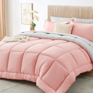 imageSasttie California King Comforter Set 7 Pieces Cal King Bed in a Bag Complete Bedding Set Includes Grey Comforter Flat Sheet Fitted Sheet Pillowcases and Pillow Shams Dark GreyPink  Light Grey