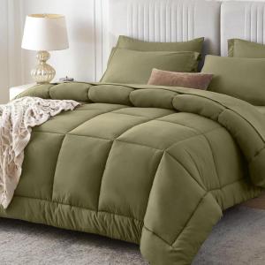 imageSasttie California King Comforter Set 7 Pieces Cal King Bed in a Bag Complete Bedding Set Includes Grey Comforter Flat Sheet Fitted Sheet Pillowcases and Pillow Shams Dark GreyOlive