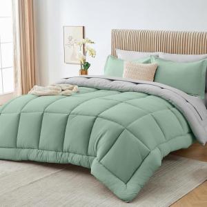 imageSasttie California King Comforter Set 7 Pieces Cal King Bed in a Bag Complete Bedding Set Includes Grey Comforter Flat Sheet Fitted Sheet Pillowcases and Pillow Shams Dark GreySage  Light Grey