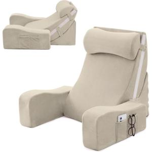 imageSasttie Reading Pillow with Armrests 1525 Inch Adjustable Back Support Pillow for Bed Sitting Up Memory Foam Back Rest Cushion Bed Chair for Reading Gaming amp Relaxing Dark GreyBeige
