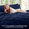 imageSasttie Queen Comforter Set 7Piece Bed in a Bag Pintuck Bedding Sets for All Season Includes Comforter Flat Sheet Fitted Sheet Pillowcases and Pillowshams Sage GreenNavy
