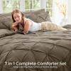 imageSasttie Queen Comforter Set 7Piece Bed in a Bag Pintuck Bedding Sets for All Season Includes Comforter Flat Sheet Fitted Sheet Pillowcases and Pillowshams Sage GreenBrown