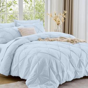 imageSasttie Queen Comforter Set 7Piece Bed in a Bag Pintuck Bedding Sets for All Season Includes Comforter Flat Sheet Fitted Sheet Pillowcases and Pillowshams Sage GreenLight Blue