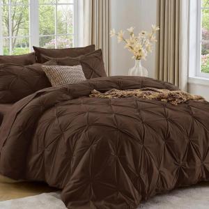 imageSasttie Queen Comforter Set 7Piece Bed in a Bag Pintuck Bedding Sets for All Season Includes Comforter Flat Sheet Fitted Sheet Pillowcases and Pillowshams Sage GreenDark Brown