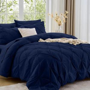 imageSasttie Queen Comforter Set 7Piece Bed in a Bag Pintuck Bedding Sets for All Season Includes Comforter Flat Sheet Fitted Sheet Pillowcases and Pillowshams Sage GreenNavy