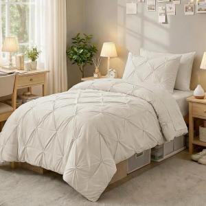 imageSasttie Queen Comforter Set 7Piece Bed in a Bag Pintuck Bedding Sets for All Season Includes Comforter Flat Sheet Fitted Sheet Pillowcases and Pillowshams Sage GreenBeige