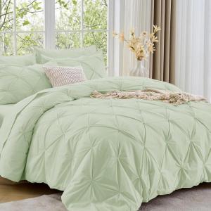 imageSasttie Queen Comforter Set 7Piece Bed in a Bag Pintuck Bedding Sets for All Season Includes Comforter Flat Sheet Fitted Sheet Pillowcases and Pillowshams Sage GreenMint