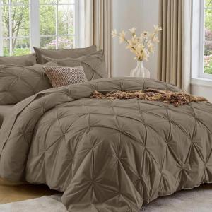 imageSasttie Queen Comforter Set 7Piece Bed in a Bag Pintuck Bedding Sets for All Season Includes Comforter Flat Sheet Fitted Sheet Pillowcases and Pillowshams Sage GreenBrown