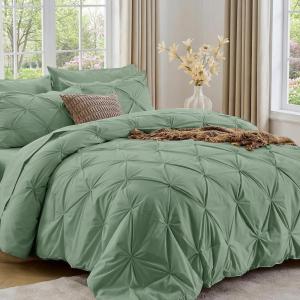 imageSasttie Queen Comforter Set 7Piece Bed in a Bag Pintuck Bedding Sets for All Season Includes Comforter Flat Sheet Fitted Sheet Pillowcases and Pillowshams Sage GreenSage Green