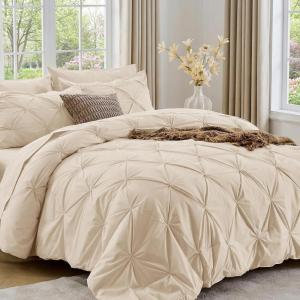 imageSasttie Queen Comforter Set 7Piece Bed in a Bag Pintuck Bedding Sets for All Season Includes Comforter Flat Sheet Fitted Sheet Pillowcases and Pillowshams Sage GreenWarm Beige