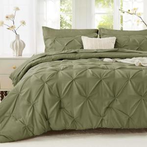 imageSasttie Queen Comforter Set 7Piece Bed in a Bag Pintuck Bedding Sets for All Season Includes Comforter Flat Sheet Fitted Sheet Pillowcases and Pillowshams Sage GreenOlive Green