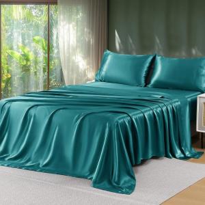 imageSasttie Satin Sheets King  4 Pieces Luxury Soft Gold Silky Bed Sheets Set with Pillowcases  Smooth SilkLike Satin Fabric Reinforced 14 Inches Pocket OekoTex CertifiedTeal