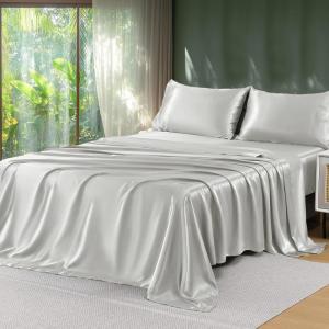 imageSasttie Satin Sheets King  4 Pieces Luxury Soft Gold Silky Bed Sheets Set with Pillowcases  Smooth SilkLike Satin Fabric Reinforced 14 Inches Pocket OekoTex CertifiedLight Grey