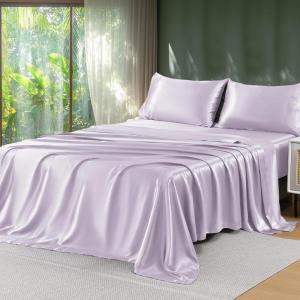 imageSasttie Satin Sheets King  4 Pieces Luxury Soft Gold Silky Bed Sheets Set with Pillowcases  Smooth SilkLike Satin Fabric Reinforced 14 Inches Pocket OekoTex CertifiedLight Purple