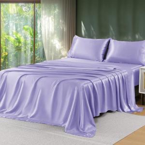 imageSasttie Satin Sheets King  4 Pieces Luxury Soft Gold Silky Bed Sheets Set with Pillowcases  Smooth SilkLike Satin Fabric Reinforced 14 Inches Pocket OekoTex CertifiedLavender