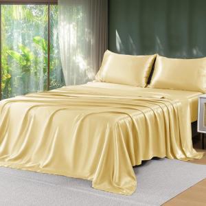 imageSasttie Satin Sheets King  4 Pieces Luxury Soft Gold Silky Bed Sheets Set with Pillowcases  Smooth SilkLike Satin Fabric Reinforced 14 Inches Pocket OekoTex CertifiedPale Yellow