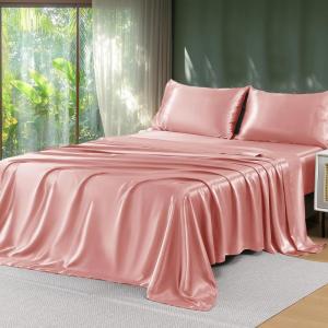 imageSasttie Satin Sheets King  4 Pieces Luxury Soft Gold Silky Bed Sheets Set with Pillowcases  Smooth SilkLike Satin Fabric Reinforced 14 Inches Pocket OekoTex CertifiedRose Pink