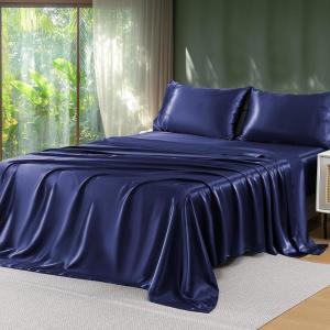 imageSasttie Satin Sheets King  4 Pieces Luxury Soft Gold Silky Bed Sheets Set with Pillowcases  Smooth SilkLike Satin Fabric Reinforced 14 Inches Pocket OekoTex CertifiedNavy